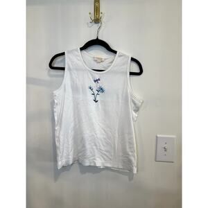Vintage Tia Designs Embroidered Tank Top White Floral Dragonfly Size L